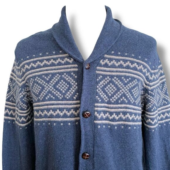 J Crew Mens Cardigan Sz Large Blue Shawl Collar Wool Nordic Knit Grandpa Sweater - Picture 1 of 7
